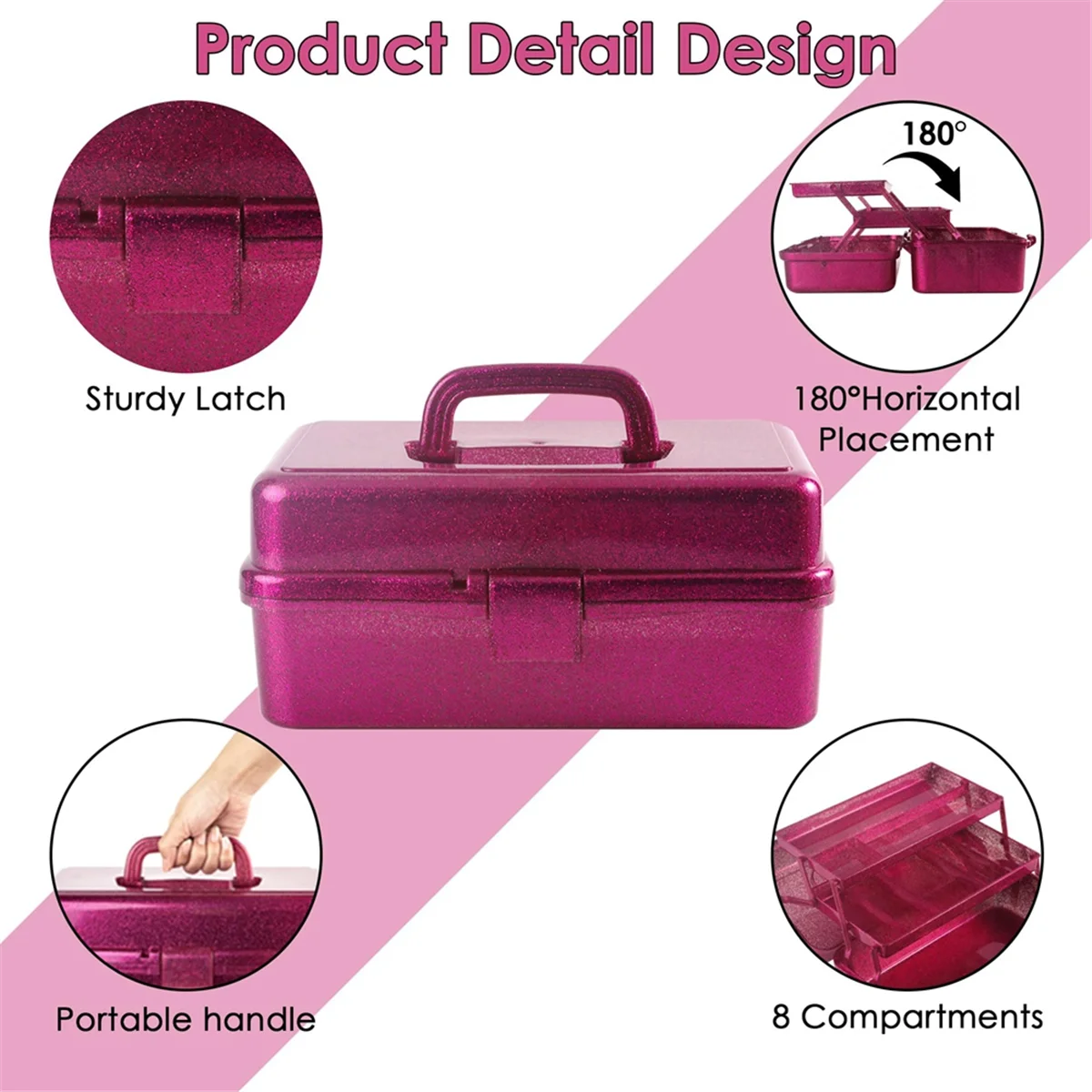 Hot sale Glitter Pink & Craft Tool Storage Box,3-Layer Stackable Carry Tackle Box Sewing Box Organizer for Art