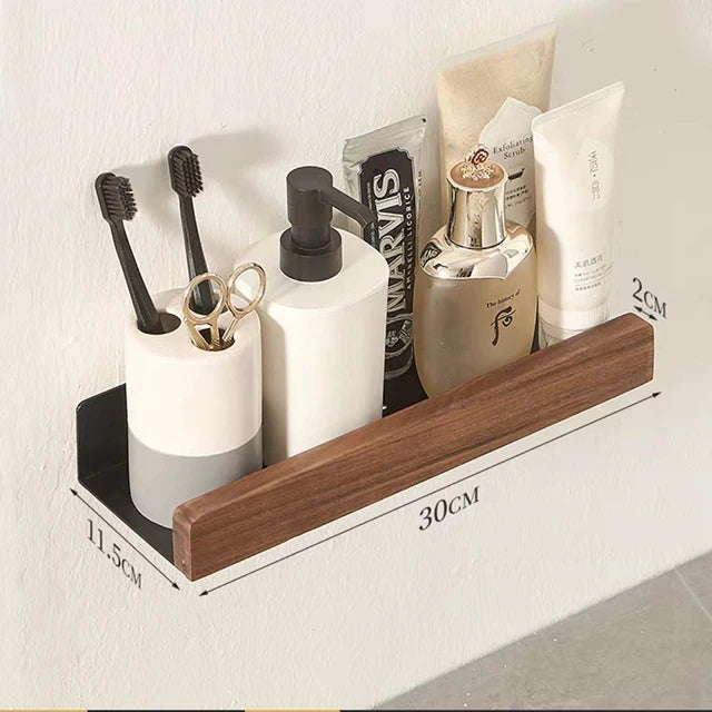 Bathroom Shelf No Drill Organizer Shower Storage Rack Solid Wood Corner Shelves Wall Mounted Toilet Shampoo Holder