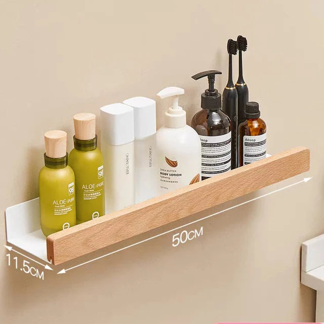 Bathroom Shelf No Drill Organizer Shower Storage Rack Solid Wood Corner Shelves Wall Mounted Toilet Shampoo Holder