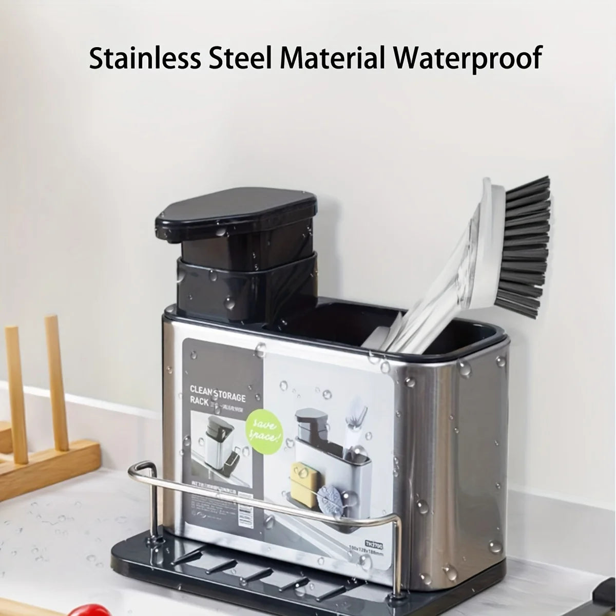 Kitchen Organizer Made of Stainless Steel - Includes a Dish Soap Dispenser, Sponge Holder, And Utensil Rack with a Drainage Tray