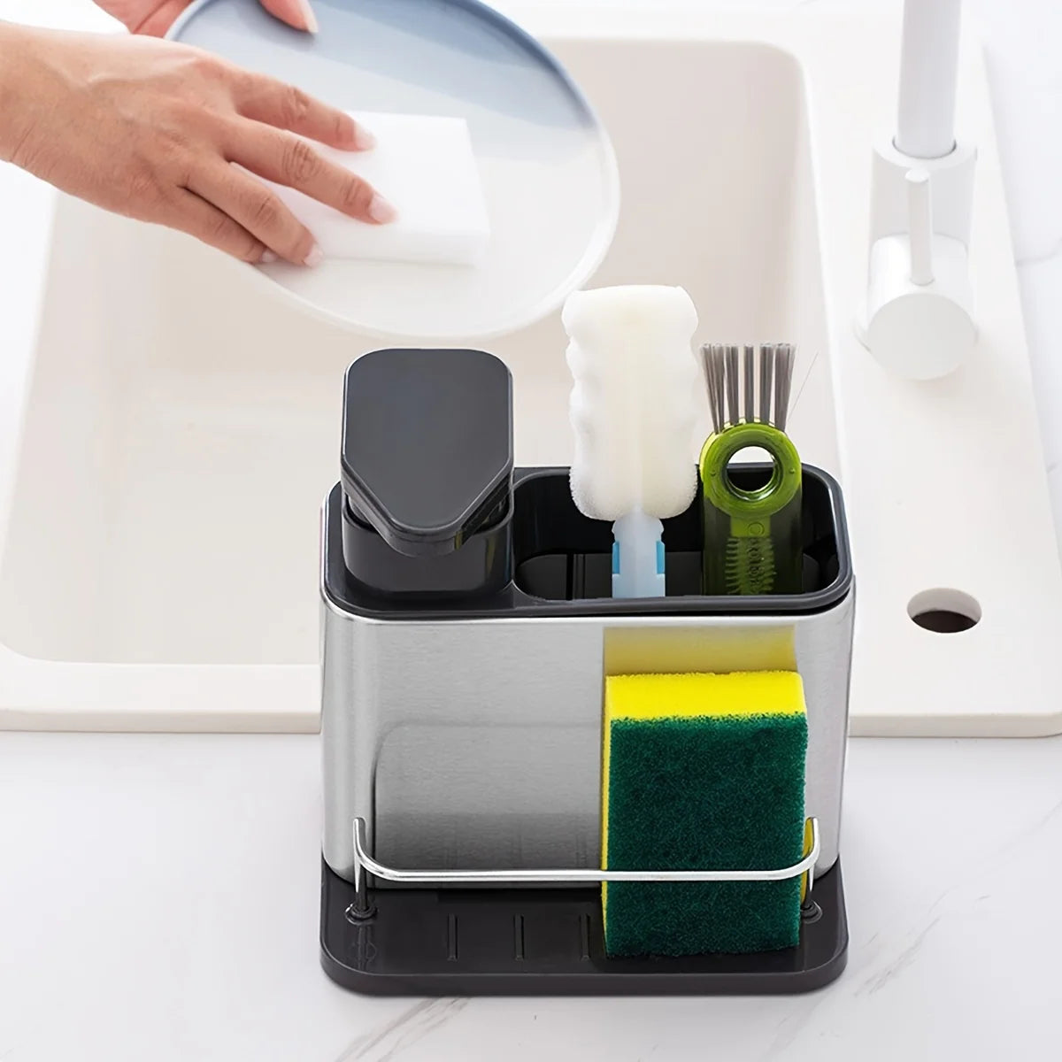 Kitchen Organizer Made of Stainless Steel - Includes a Dish Soap Dispenser, Sponge Holder, And Utensil Rack with a Drainage Tray
