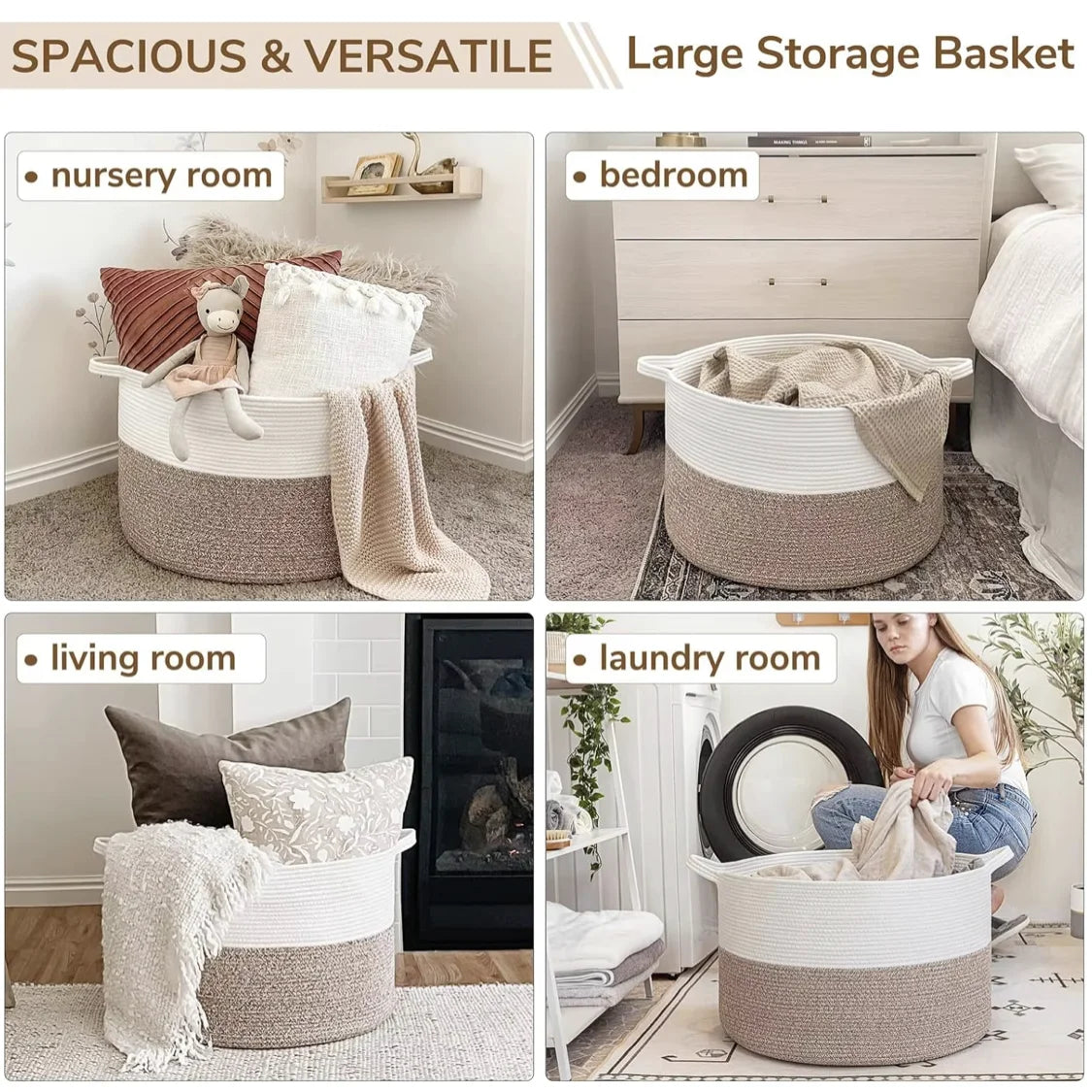 Household Wicker Dirty Laundry Basket ,Oversized Cotton Woven Storage Basket,Store Clothes and Miscellaneous ,Foldable Toy Stora