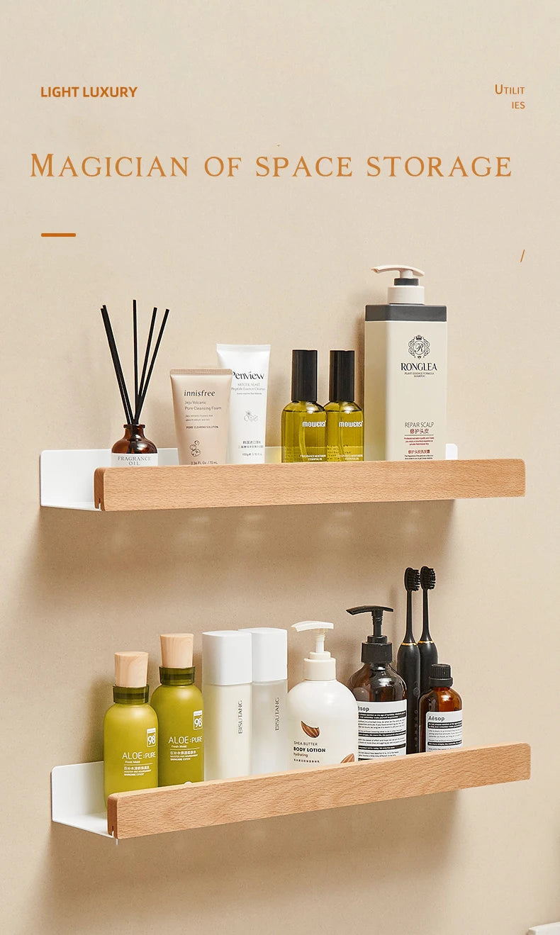 Bathroom Shelf No Drill Organizer Shower Storage Rack Solid Wood Corner Shelves Wall Mounted Toilet Shampoo Holder