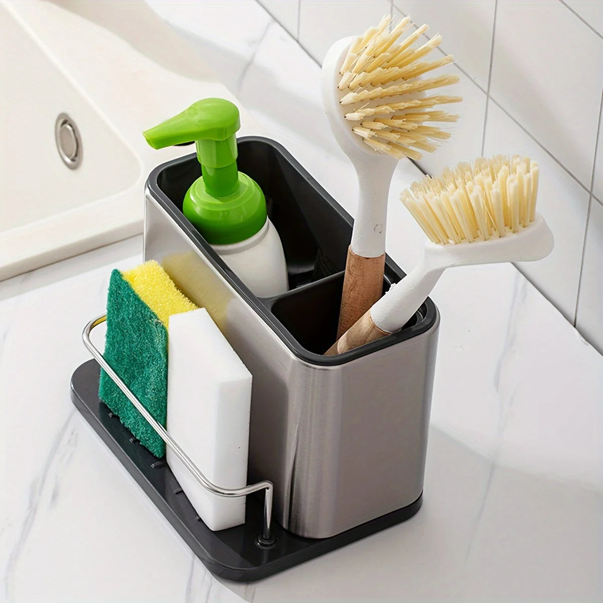 Kitchen Organizer Made of Stainless Steel - Includes a Dish Soap Dispenser, Sponge Holder, And Utensil Rack with a Drainage Tray