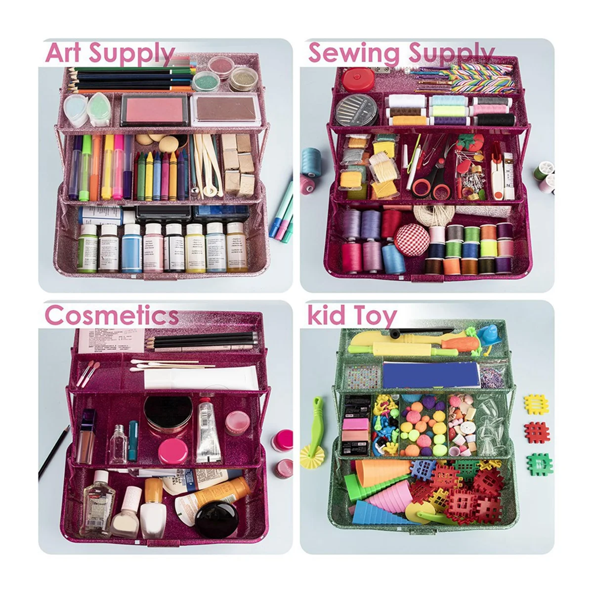 Hot sale Glitter Pink & Craft Tool Storage Box,3-Layer Stackable Carry Tackle Box Sewing Box Organizer for Art
