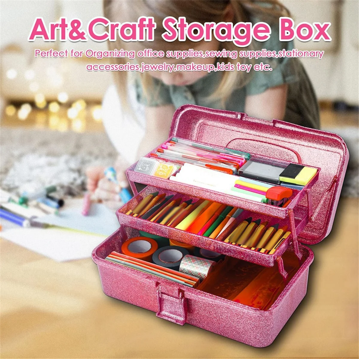 Hot sale Glitter Pink & Craft Tool Storage Box,3-Layer Stackable Carry Tackle Box Sewing Box Organizer for Art