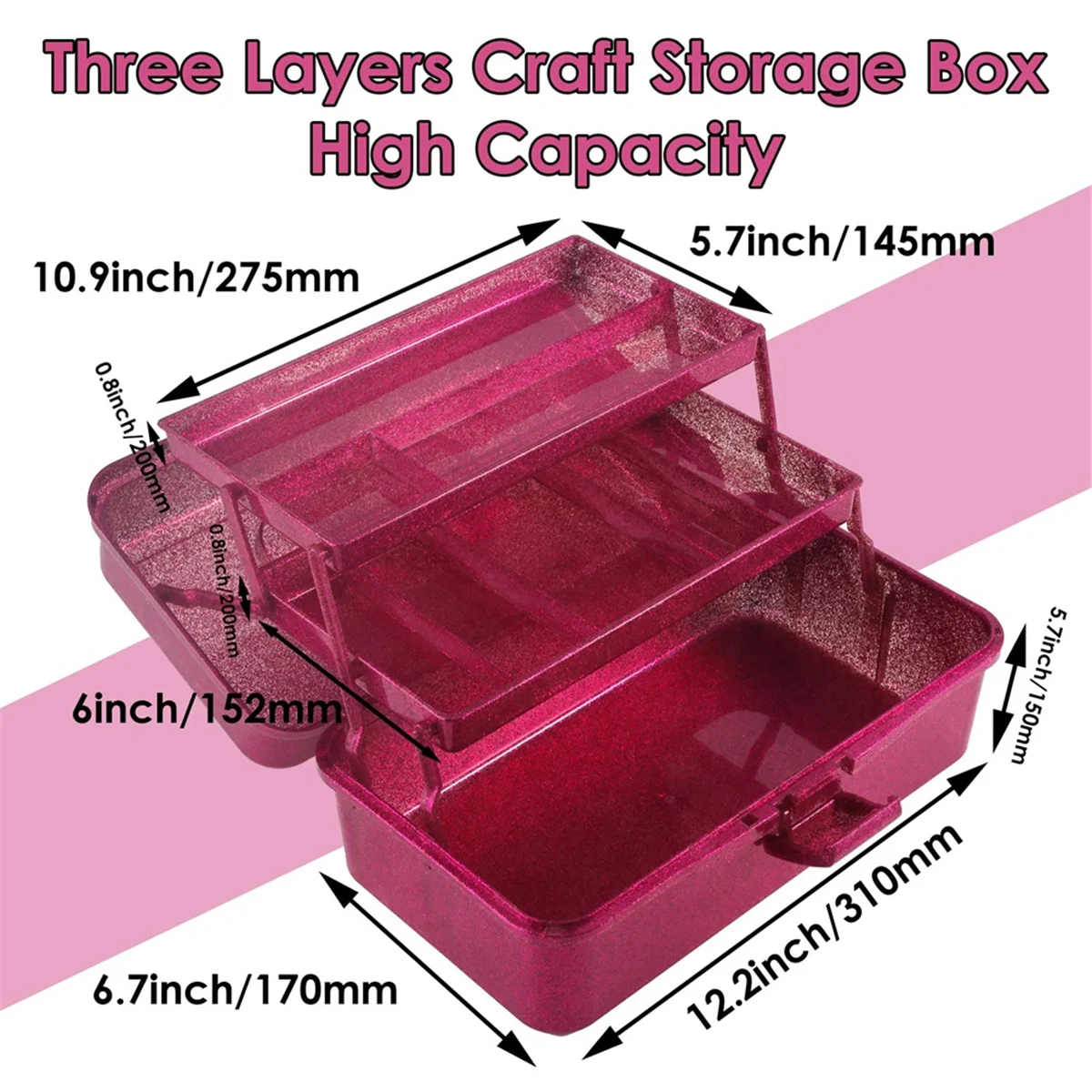 Hot sale Glitter Pink & Craft Tool Storage Box,3-Layer Stackable Carry Tackle Box Sewing Box Organizer for Art