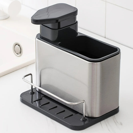 Kitchen Organizer Made of Stainless Steel - Includes a Dish Soap Dispenser, Sponge Holder, And Utensil Rack with a Drainage Tray